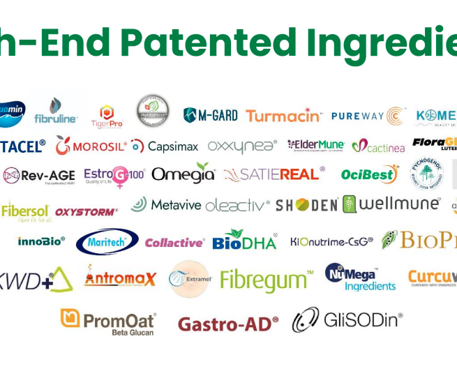 Image showcasing a selection of patented ingredients offered by Harvest Group for OEM health food solutions