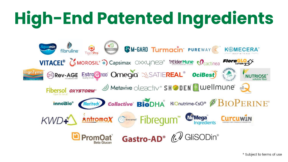 Image showcasing a selection of patented ingredients offered by Harvest Group for OEM health food solutions